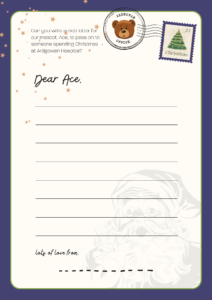 A picture of a lined letter template. Starting with Dear Ace, it leaves plenty of space for Children and young people to write a letter to Ace to pass along to a patient. 